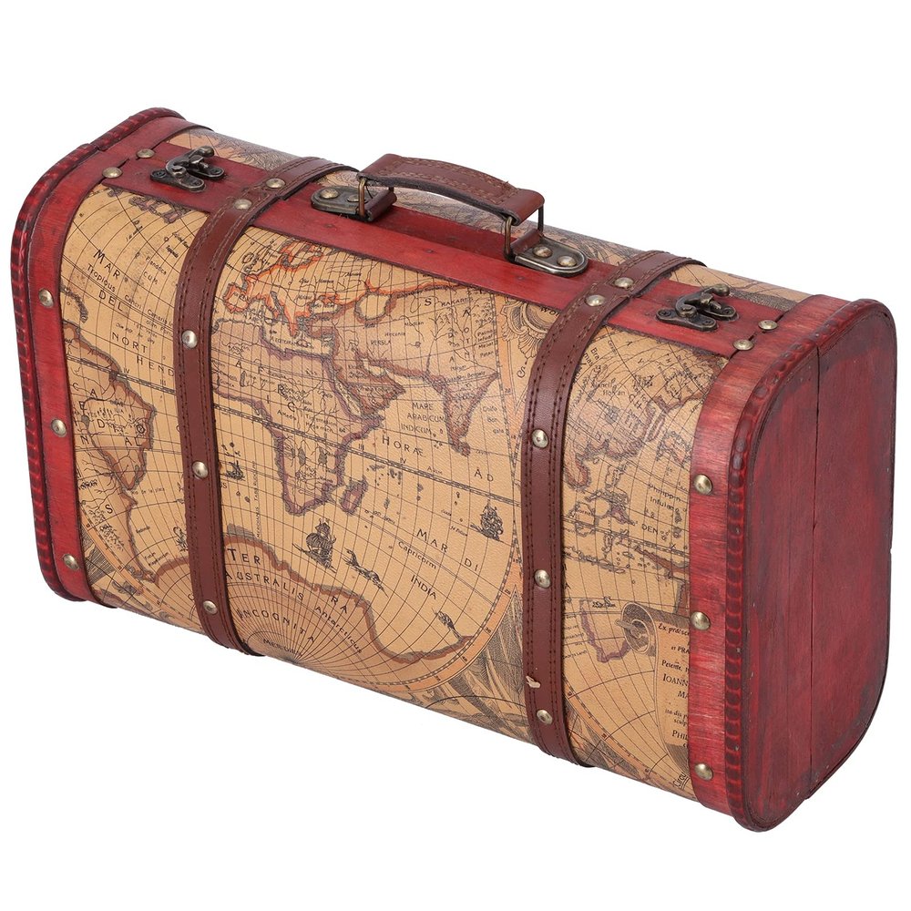 Sutinna Vintage Suitcase, Decorative Treasure Wooden Trunk Antique Leather Suitcase Storage Box Map Portable Nostalgic Storage Box Collection Ornaments