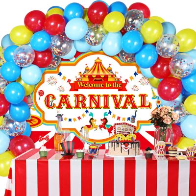 Tatuo 53 Pcs Circus Carnival Party Decoration Including 50 Circus Confetti Balloons 1 Welcome to the Carnival Banner 2 White Striped Tablecloths for Kids Boys Girls Birthday Decorations Supplies