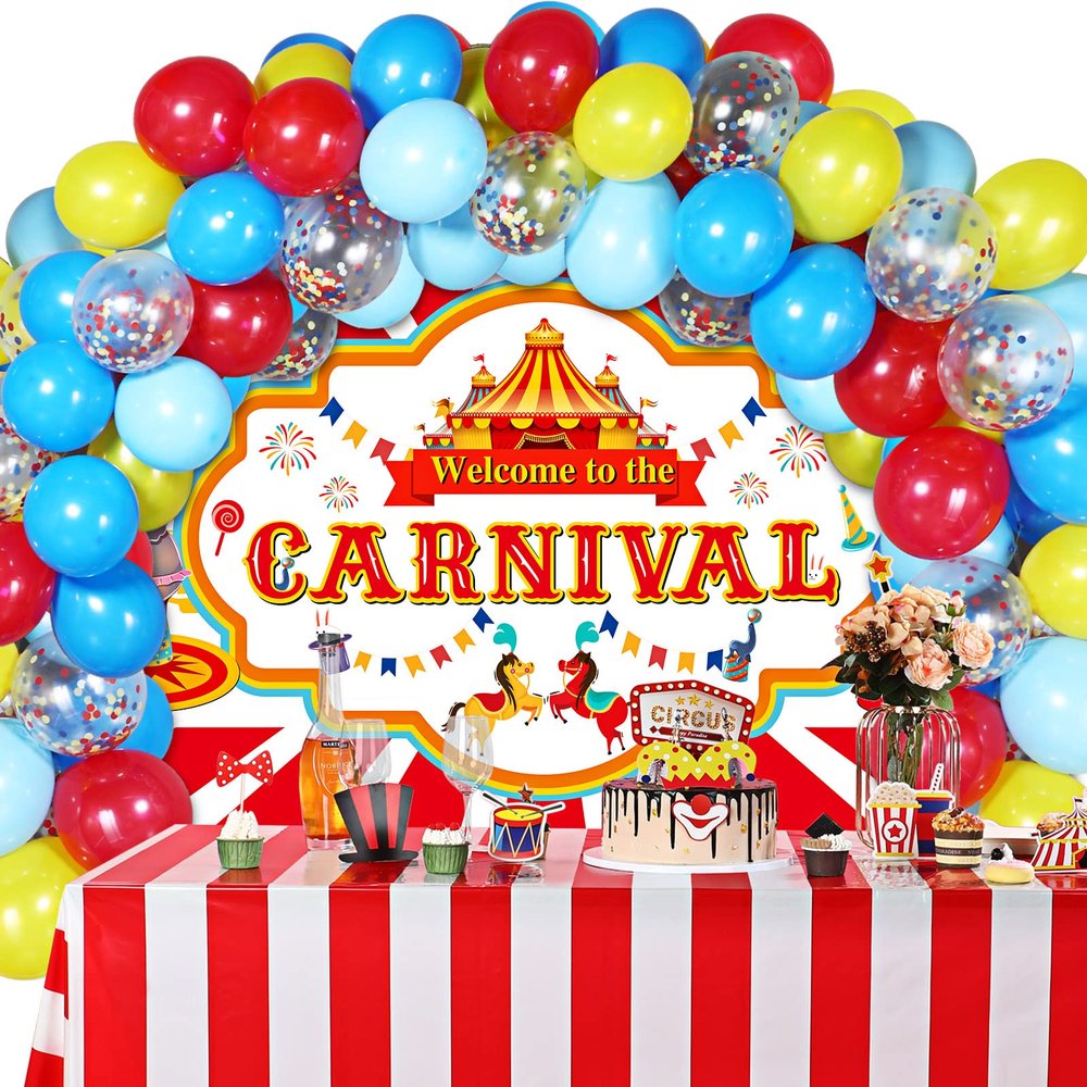 Tatuo 53 Pcs Circus Carnival Party Decoration Including 50 Circus Confetti Balloons 1 Welcome to the Carnival Banner 2 White Striped Tablecloths for Kids Boys Girls Birthday Decorations Supplies
