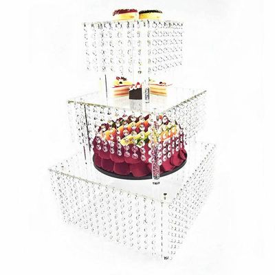 3 Tier Clear Acrylic Crystal Beaded Cake Stand Cupcake Tower Platter Dessert Display Rack Square Chandelier Cake Shelf Set with Dangling Crystal for Wedding Display Party Birthday Decoration Stackable