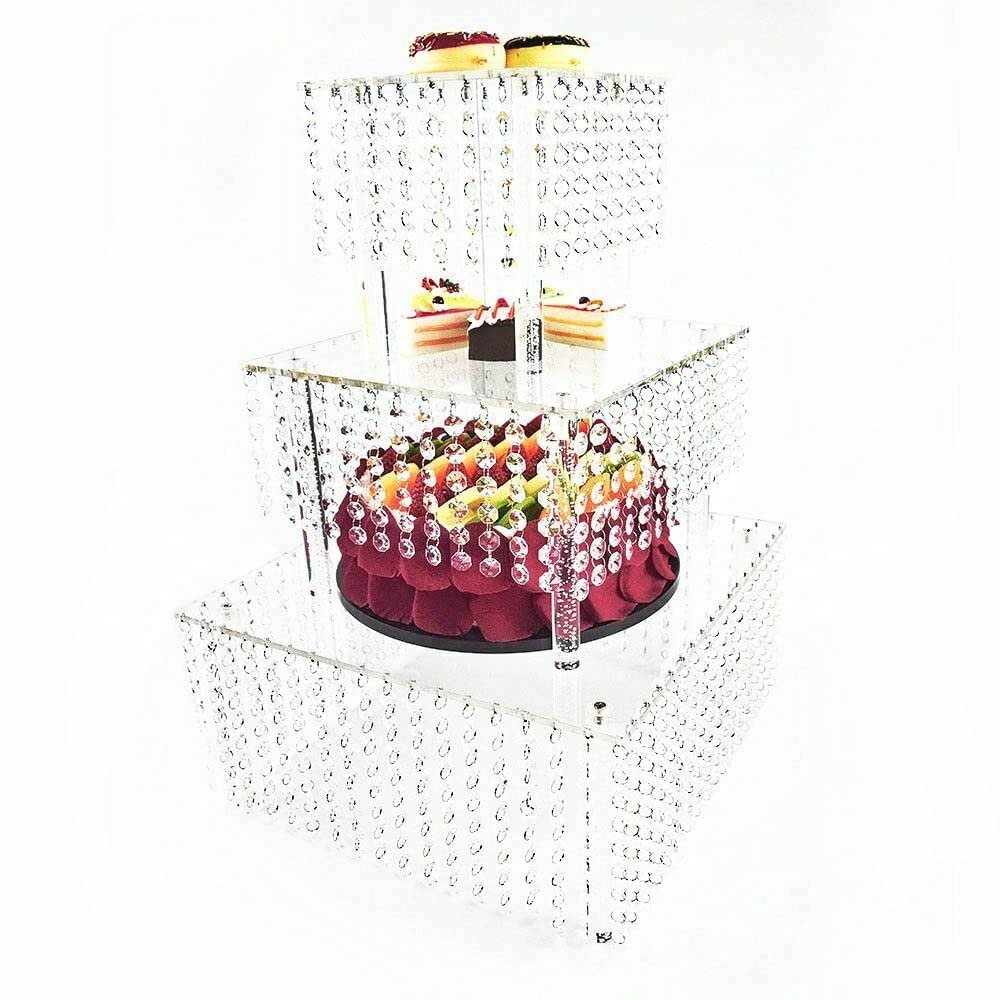 3 Tier Clear Acrylic Crystal Beaded Cake Stand Cupcake Tower Platter Dessert Display Rack Square Chandelier Cake Shelf Set with Dangling Crystal for Wedding Display Party Birthday Decoration Stackable