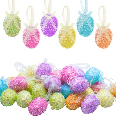 30PCS Easter Glitter Hanging Eggs - Colorful Tinsel Easter Egg Ornaments, Spring Foam Hanging Egg Ornament for Tree Christmas Home Party DIY Craft Decoration (Size S)
