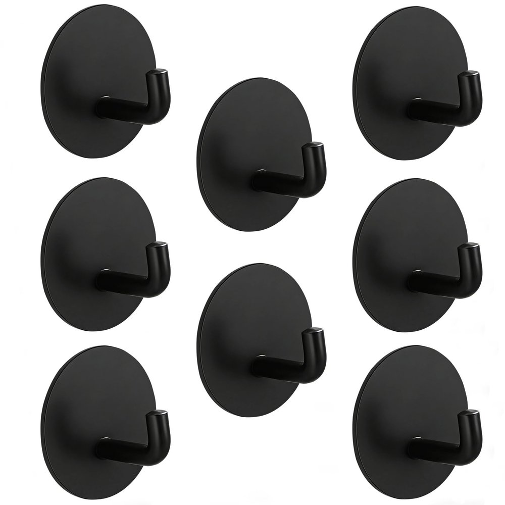 Yukrilt 8-Pack Adhesive Wall Hooks for Bathroom Kitchen Towels Coats, Black