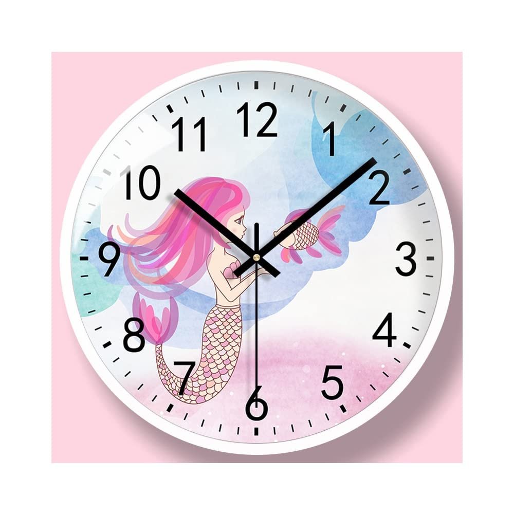 BcofoA Ultra-Quiet Wall Clock Living Room Clock Home Cartoon Creative Children's Room Wall Watch Nordic Minimalist Bedroom Wall Clock 12 inches (Color : Mermaid White Shell)