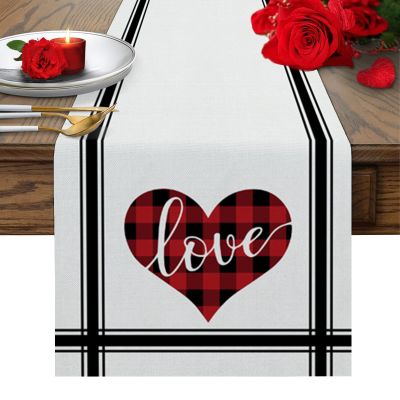 Valentine's Day Luxury Table Runners 120 Inches Long, Valentine Red Love Heart Simple Black Line Cotton-Linen Table Runner 13x120, Dresser Scarves Durable Washable Tablecloth Modern Decor, Washable