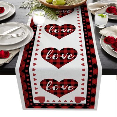 Valentine's Day Luxury Table Runners 70 Inches Long, Valentine Red Love Heart Red Plaid Cotton-Linen Table Runner 13x70, Dresser Scarves Durable Washable Tablecloth Modern Decorations, Washable