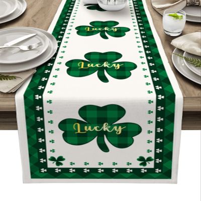 St Patrick Day Luxury Table Runners 72 Inches Long, Saint Irish Decor Green Lucky Clover Leaf Cotton-Linen Table Runner 13x72, Dresser Scarves Durable Washable Shamrock Tablecloth Modern Decorations