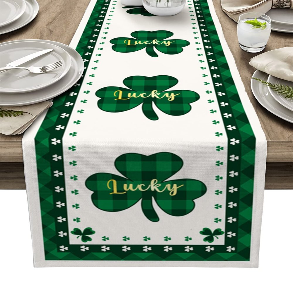 St Patrick Day Luxury Table Runners 72 Inches Long, Saint Irish Decor Green Lucky Clover Leaf Cotton-Linen Table Runner 13x72, Dresser Scarves Durable Washable Shamrock Tablecloth Modern Decorations