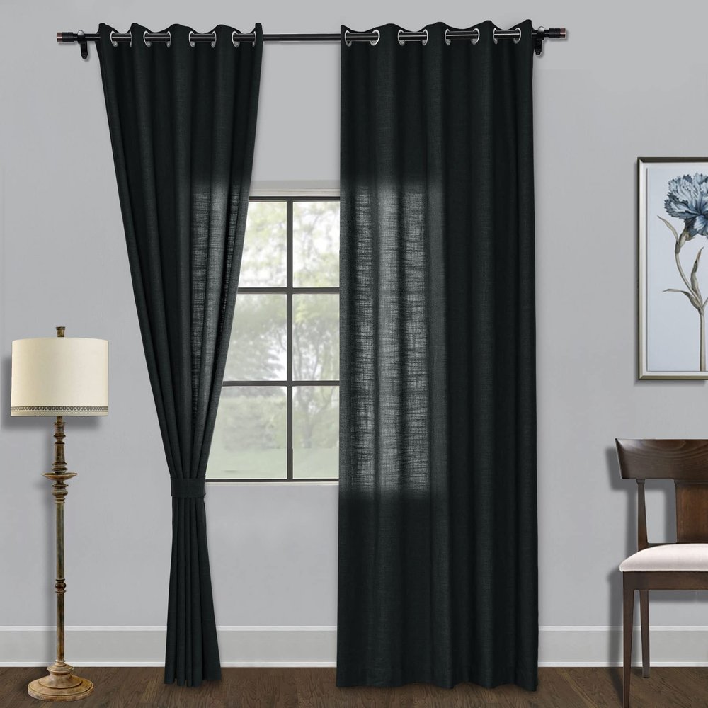 Fcosie Natural Linen Blended Curtains Grommet Room Darkening Drapes Room Divider Curtain Panel Draperies for Farmhouse Wedding Ceremony Party Window Decor (1 Panel), 84W x 96L Inch, Black