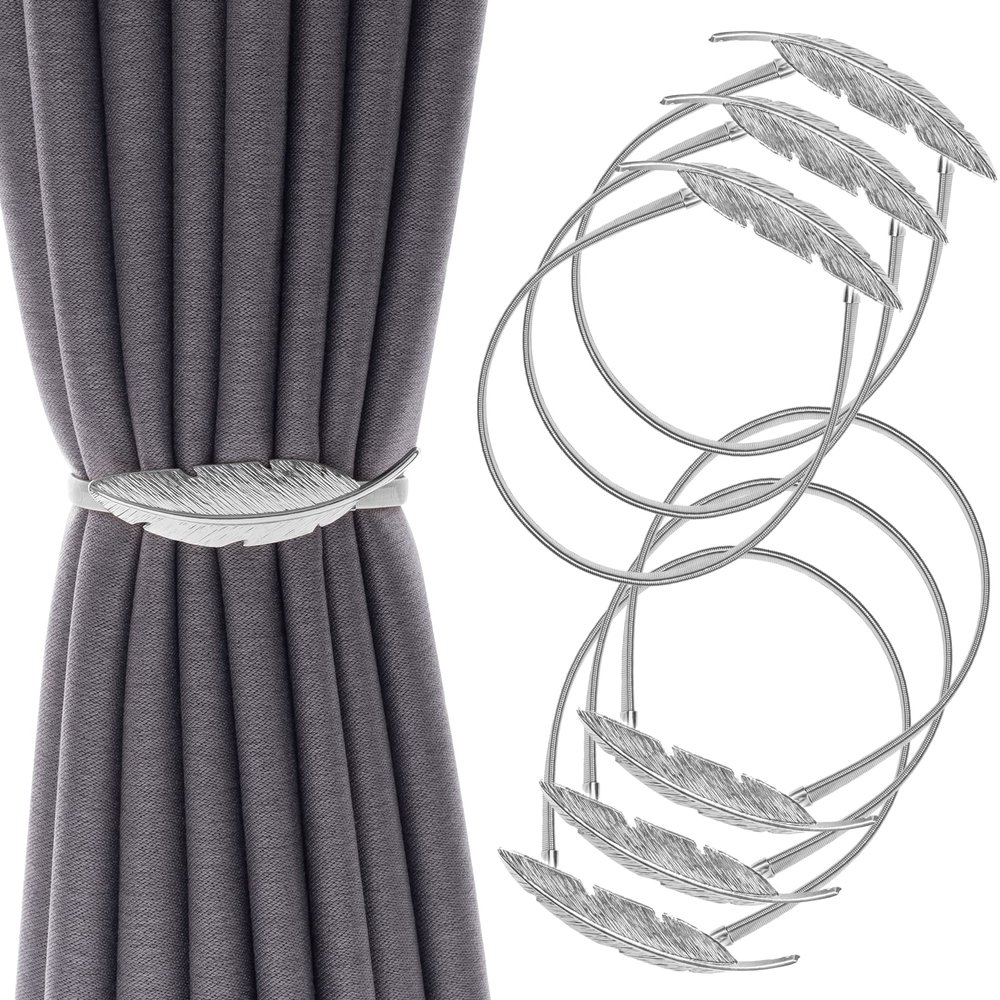 6Pack Curtain Tiebacks Aluminum Alloy Spring Design Curtain Holdback Leaf Carving Design Curtain Ties for Drapes Curtain Ties Backs Curtain Modern Style Curtain Holdback Decor(Sliver Feather)
