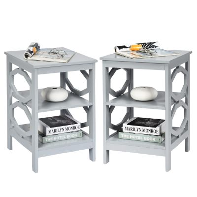 KOTEK 3-Tier Nightstand Set of 2, Wooden Sofa Side Table with Storage Shelves, Stable Structure, Accent Table Bedside Table End Table for Bedroom, Living Room, Easy Assembly (Grey)