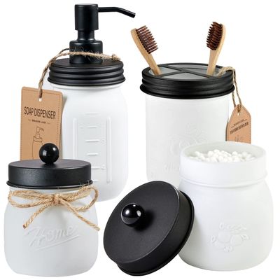 Amolliar Mason Jar Bathroom Accessories Set (4 Pack)White Retro Lotion Soap Dispenser & 2 Apothecary Jars & Toothbrush Holder- Rustic Farmhouse Restroom, Bathroom Decor Countertop Organizer (Black)
