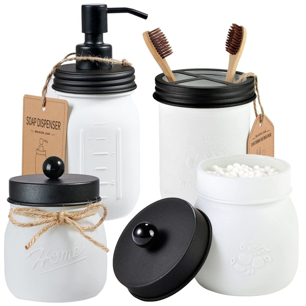 Amolliar Mason Jar Bathroom Accessories Set (4 Pack)White Retro Lotion Soap Dispenser & 2 Apothecary Jars & Toothbrush Holder- Rustic Farmhouse Restroom, Bathroom Decor Countertop Organizer (Black)