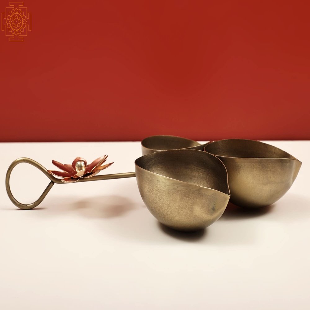 11" Decorative 3 Diya with Handle | Handmade - Brass with Copper