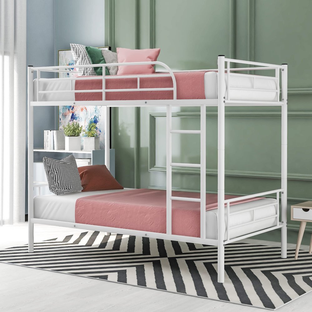 Anwick Bunk Bed,Twin Over Twin Metal Bunk Bed,Metal Bunk Bed Twin with Ladder and Safety Rail Can be Split into 2 Bed, White