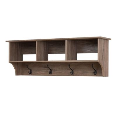 Pemberly Row Contemporary Hanging Entryway Shelf, 48 in Wide, Drifted Gray Laminate Finish, 3 Cubbies with 4 Hooks, Wall-Mounted Storage for Mudroom, Home Office, or Hallway Organization