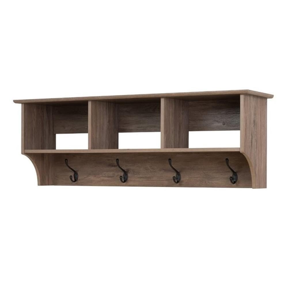 Pemberly Row Contemporary Hanging Entryway Shelf, 48 in Wide, Drifted Gray Laminate Finish, 3 Cubbies with 4 Hooks, Wall-Mounted Storage for Mudroom, Home Office, or Hallway Organization