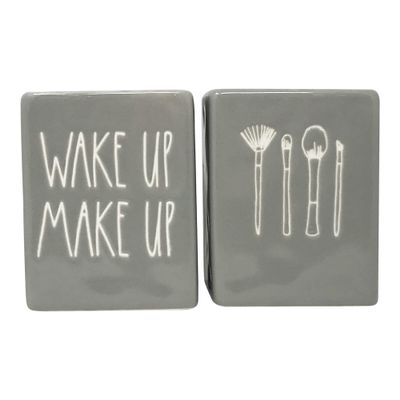 Rae Dunn Set of 2 Ceramic Brush Cup Holders, Grey (Wake Up/Make Up)