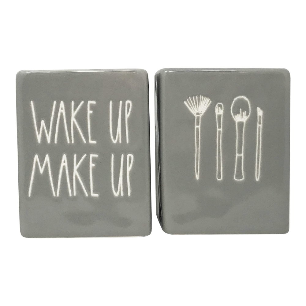 Rae Dunn Set of 2 Ceramic Brush Cup Holders, Grey (Wake Up/Make Up)