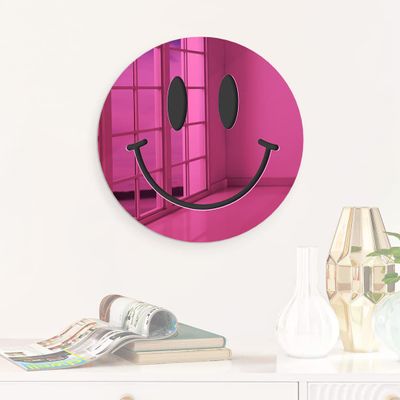 4ArtWorks - Happy Face 19" x 19" Pink Mirror Wall Art, Iconic Cool Decor, Classic Emoji Wall Hanging for Home Studio, Dorm, Studio or Kids Room, Smiley Happy Face