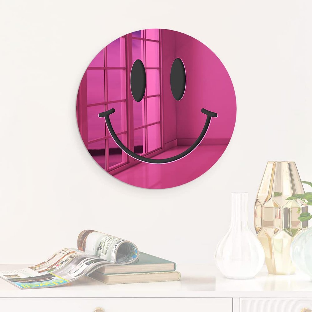 4ArtWorks - Happy Face 19" x 19" Pink Mirror Wall Art, Iconic Cool Decor, Classic Emoji Wall Hanging for Home Studio, Dorm, Studio or Kids Room, Smiley Happy Face