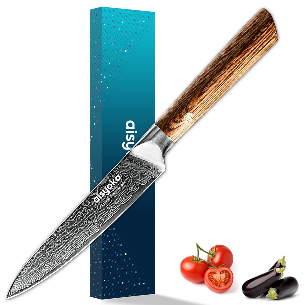 Aisyoko 5-Inch Paring Knife - Japanese VG-10 Super Steel 67-Layer Damascus Blade - Fruit Utility Knife for Carving & Peeling - Luxury Gift Box with Color Wooden Handle - Includes Scabbard