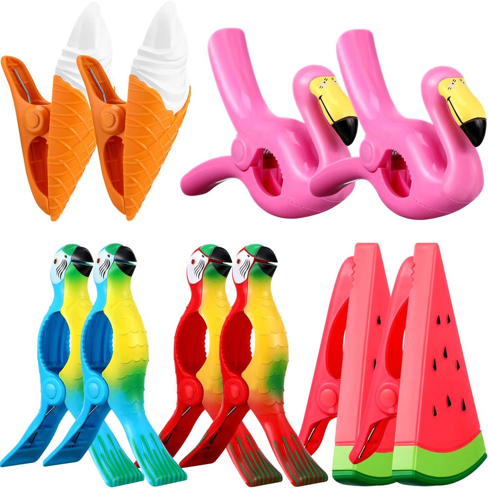 CHENGU 10 Pcs Beach Towel Clips Towel Clips Chair Holders for Beach Chairs Jumbo Size Plastic Clothes Pins Flamingo Parrot Pineapple Watermelon Seashell Ice Cream Beer Mug(Novelty Style)