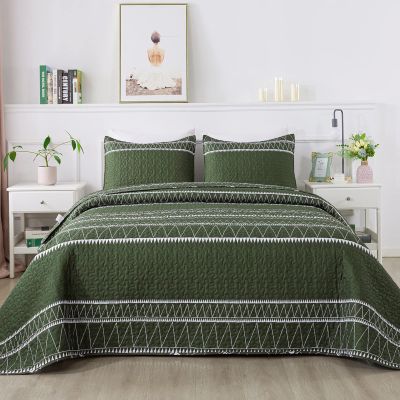 Andency Green California King Quilt Set, 3 Pieces Boho Lightweight Soft Striped Cal King Bedspread for All Season (112"x104"), Printed Bohemian Microfiber Reversible Coverlet Comforter Sets