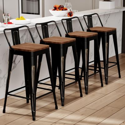 Alunaune 30" Industrial Metal Bar Stools Set of 4 Counter Height Barstools Kitchen Bar Chairs with Modern Wooden Seat, Distressed Gold Black