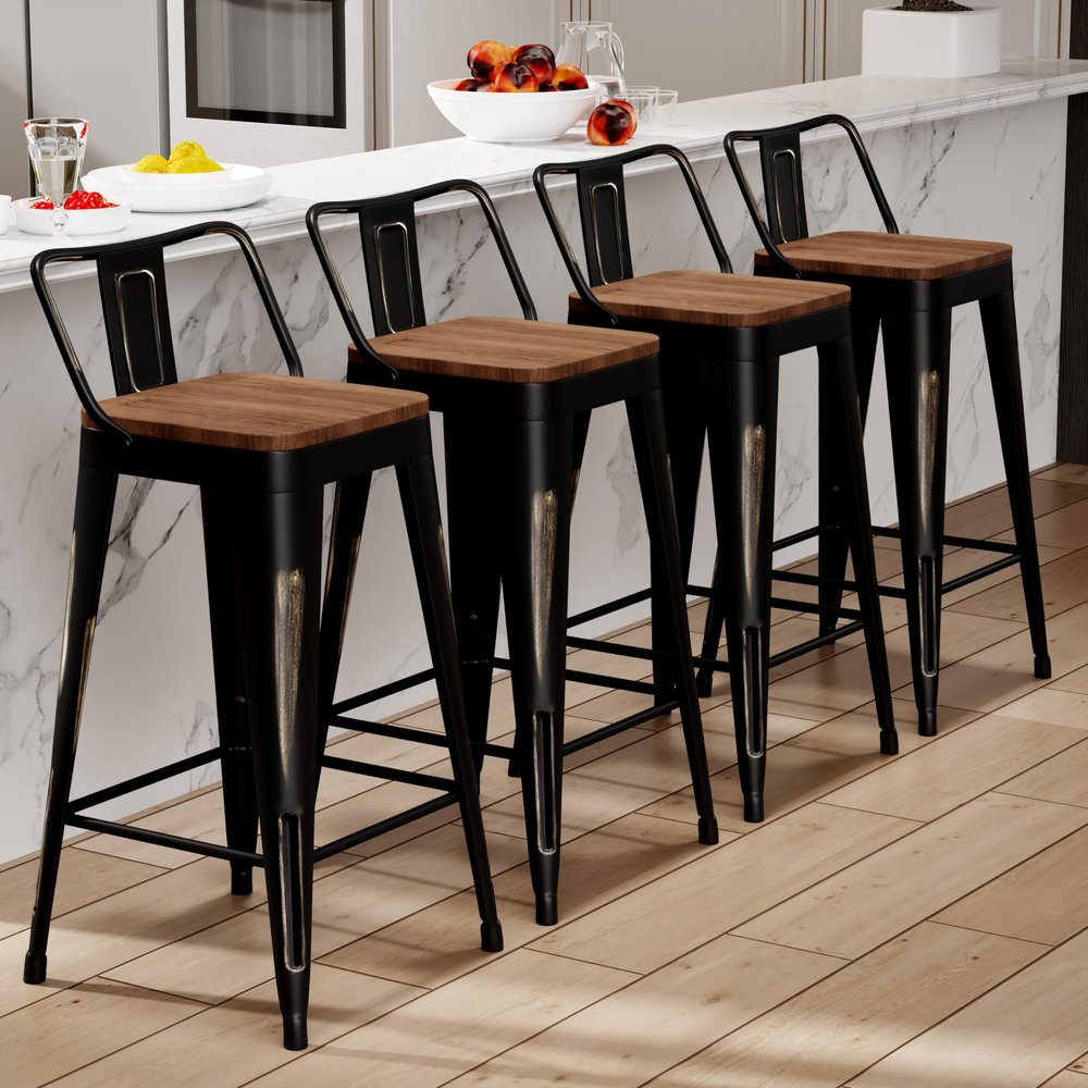 Alunaune 30" Industrial Metal Bar Stools Set of 4 Counter Height Barstools Kitchen Bar Chairs with Modern Wooden Seat, Distressed Gold Black
