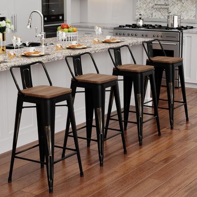 Alunaune 24" Industrial Metal Bar Stools Set of 4 Counter Height Barstools Kitchen Bar Chairs with Modern Wooden Seat, Distressed Gold Black
