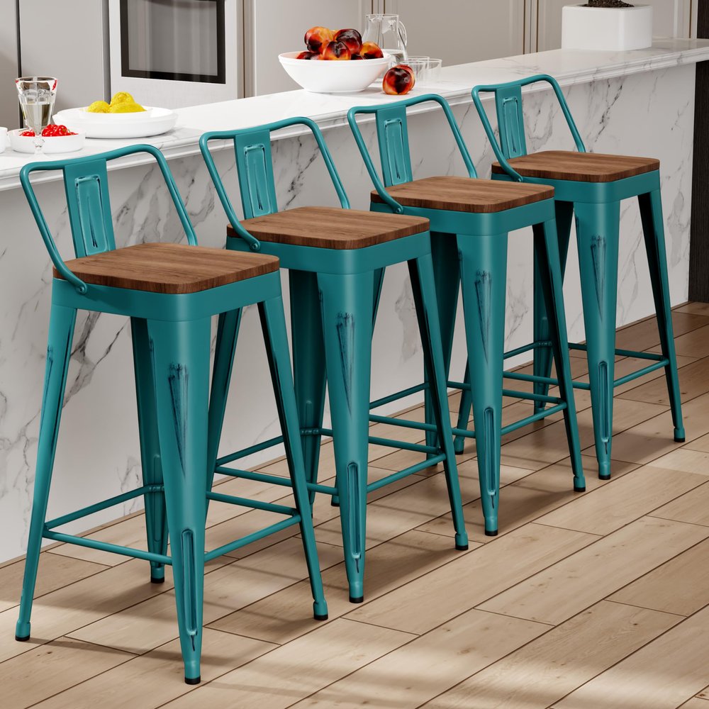 Alunaune 24" Metal Bar Stools Set of 4 Industrial Counter Height Barstools Kitchen Counter Stool Modern Wood Seat-Distress Teal