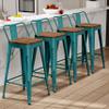 Alunaune 24" Metal Bar Stools Set of 4 Industrial Counter Height Barstools Kitchen Counter Stool Modern Wood Seat-Distress Teal view 1