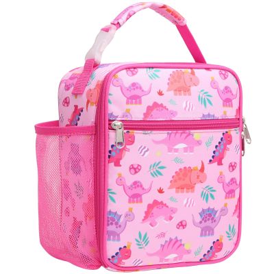 Bagseri Kids Lunch Box for Girls - Insulated Toddler Lunch Bag Fits Bento Box, Reusable Daycare Cooler Tote with Clip Handle, Water-Resistant Lining, Pink Dinosaur
