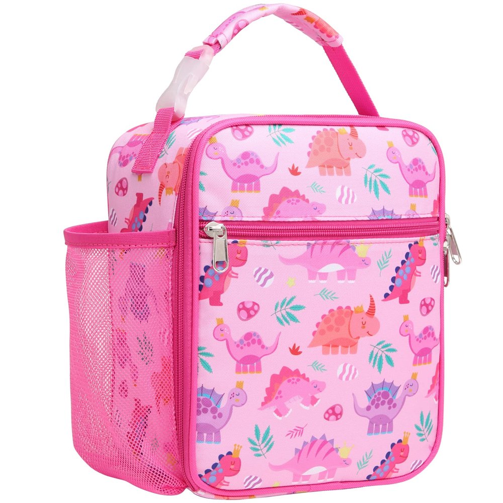 Bagseri Kids Lunch Box for Girls - Insulated Toddler Lunch Bag Fits Bento Box, Reusable Daycare Cooler Tote with Clip Handle, Water-Resistant Lining, Pink Dinosaur