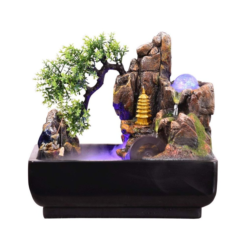 YKHB Tabletop Fountain Tabletop Fountain 18.51 Inches High Resin Rockery Desktop Fountain Rocky Water Fountain Bonsai Home Decoration with Sprayer Best Gift