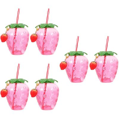 Homoyoyo Disposable Cups 6Pcs Hawaiian Party Straw Drink Strawberry Cup, Strawberry Shaped Plastic Drinking Cup with Lid& Straw for Party Decoration Supplies Straws Disposable