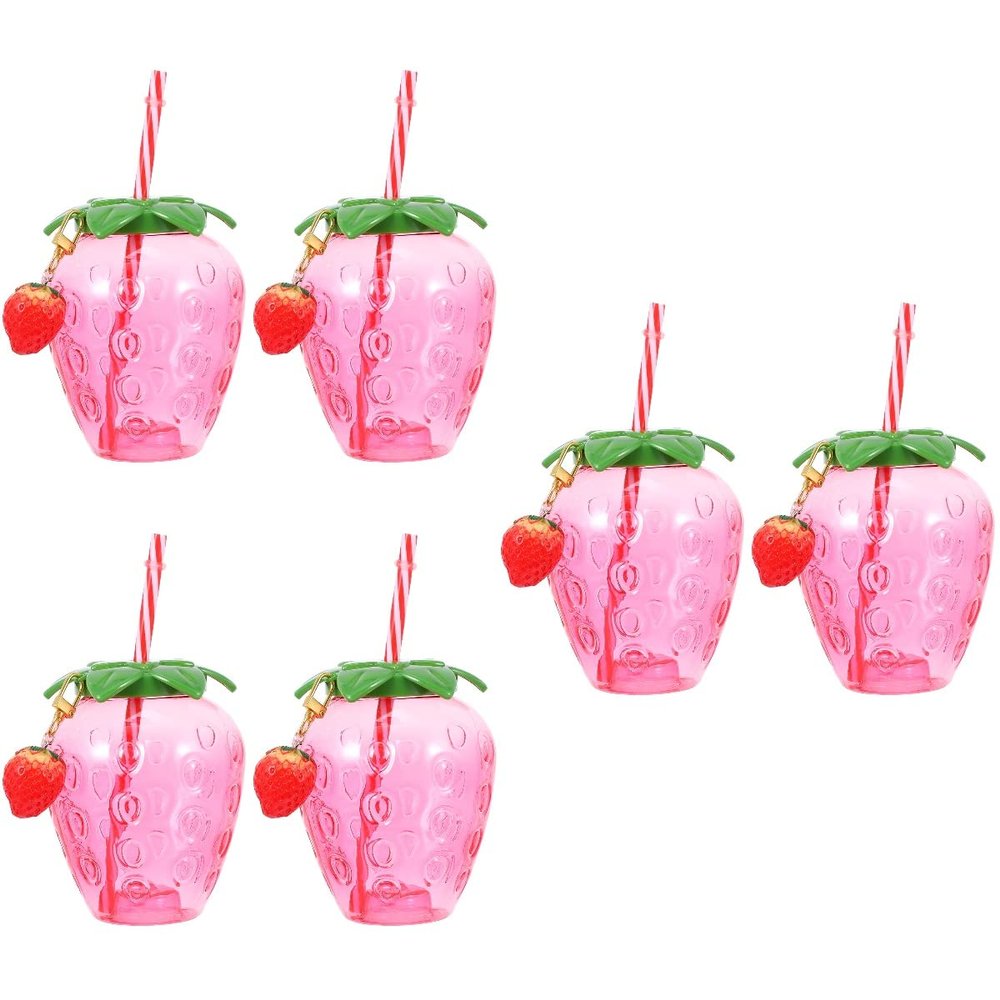 Homoyoyo Disposable Cups 6Pcs Hawaiian Party Straw Drink Strawberry Cup, Strawberry Shaped Plastic Drinking Cup with Lid& Straw for Party Decoration Supplies Straws Disposable