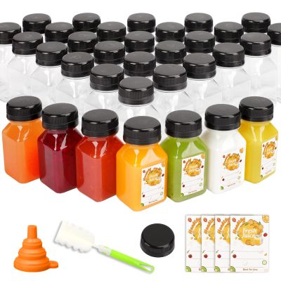 TOMNK 45pcs Juice Bottles with Caps, 4oz Plastic Containers with Lids Empty Reusable Clear Ginger Shots Bottles with Label, Funnel, and Brush Beverage for Juicing, Smoothies, Drinking, Fridge
