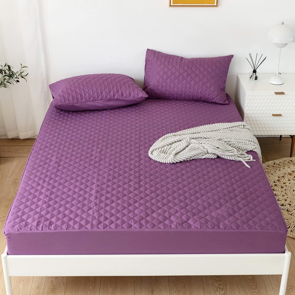 CFYCYHDZHT Bedding Extra Deep Fitted Sheets,Kids Bedroom Quilted Waterproof Mattress Protector, Hotel Solid Color Deep Pocket Mattress Topper for Full Queen King Bed,Purple,180200cm+35cm
