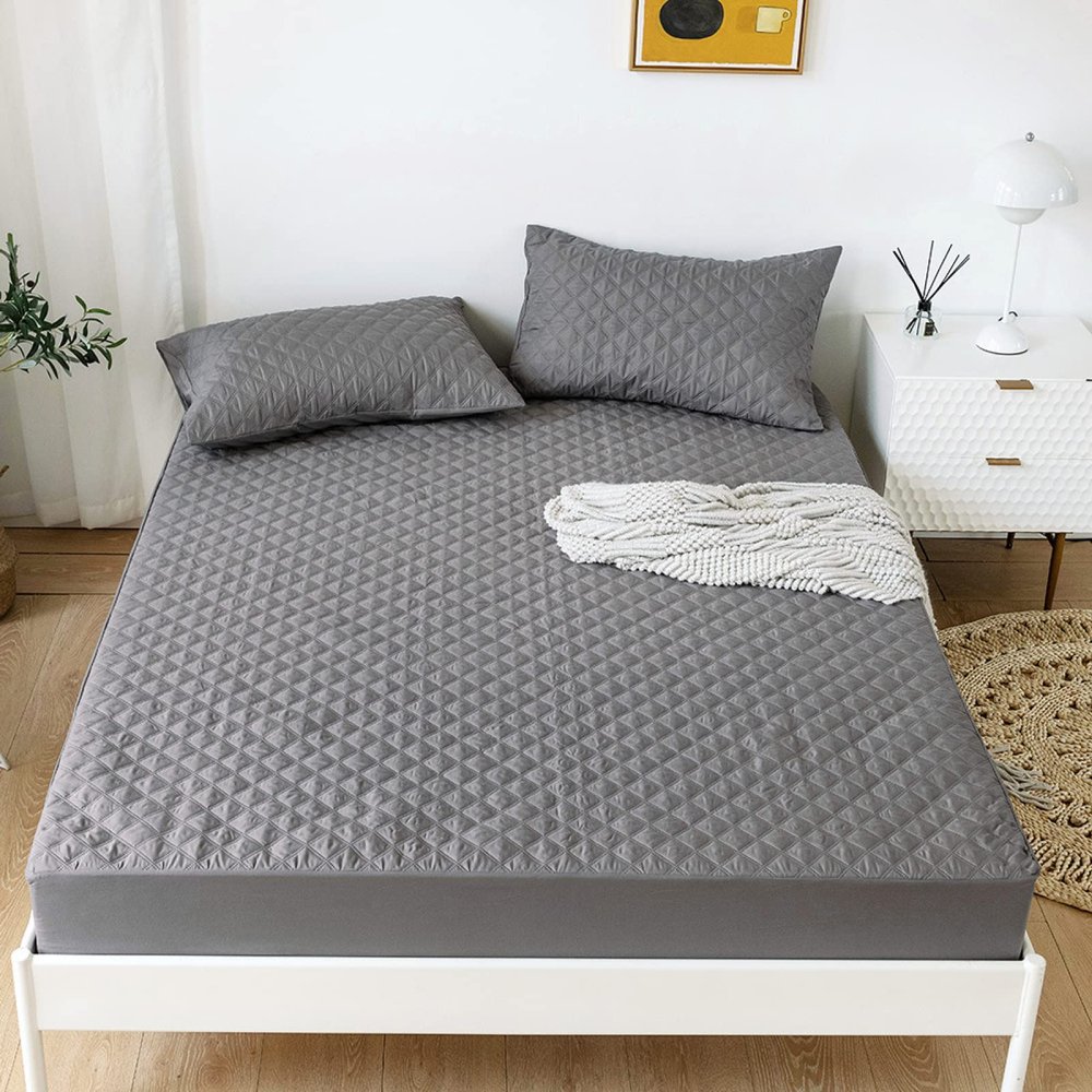 CFYCYHDZHT Cozy T-Shirt Soft,Kids Bedroom Quilted Waterproof Mattress Protector, Hotel Solid Color Deep Pocket Mattress Topper for Full Queen King Bed,Grey,King 198203cm+35cm