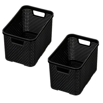 BranQ Home essential Set of 2 Rattan Baskets Large 19 Litres BPA-Free PP Plastic 38 x 27.8 x 18.5 cm Black