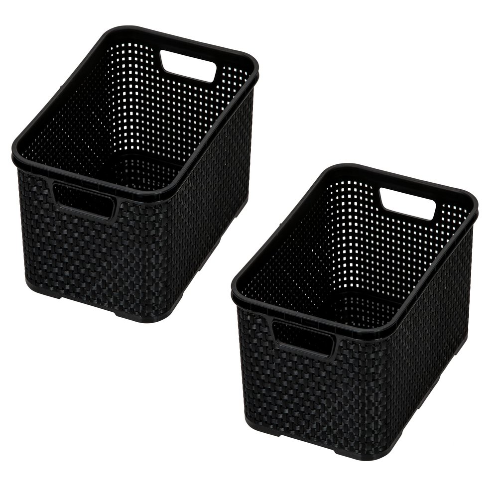 BranQ Home essential Set of 2 Rattan Baskets Large 19 Litres BPA-Free PP Plastic 38 x 27.8 x 18.5 cm Black