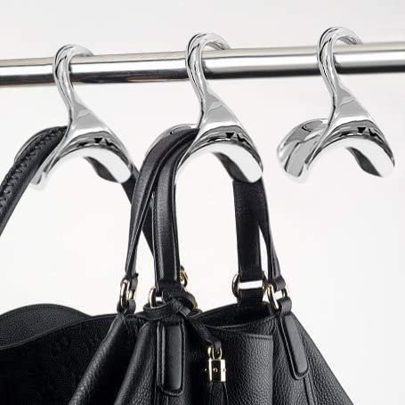Bag-a-Vie Purse Hanger for Closet - Handbag Organizer Hooks for Hanging Bags & Purses, Protecting Bag Shape & Organizing Space (3 Hangers, Silver Metal)