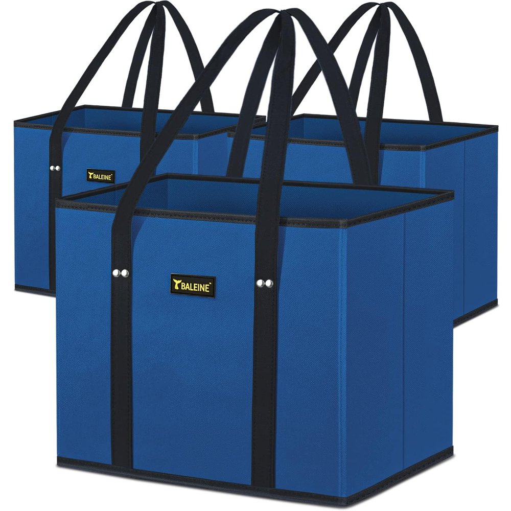 BALEINE 3Pk Reusable Grocery Bags, Foldable Shopping Bags for Groceries with Reinforced Bottom & Handles (Blue)