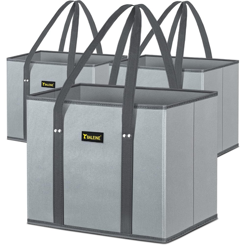 BALEINE 3Pk Reusable Grocery Bags, Foldable Shopping Bags for Groceries with Reinforced Bottom & Handles (Gray)