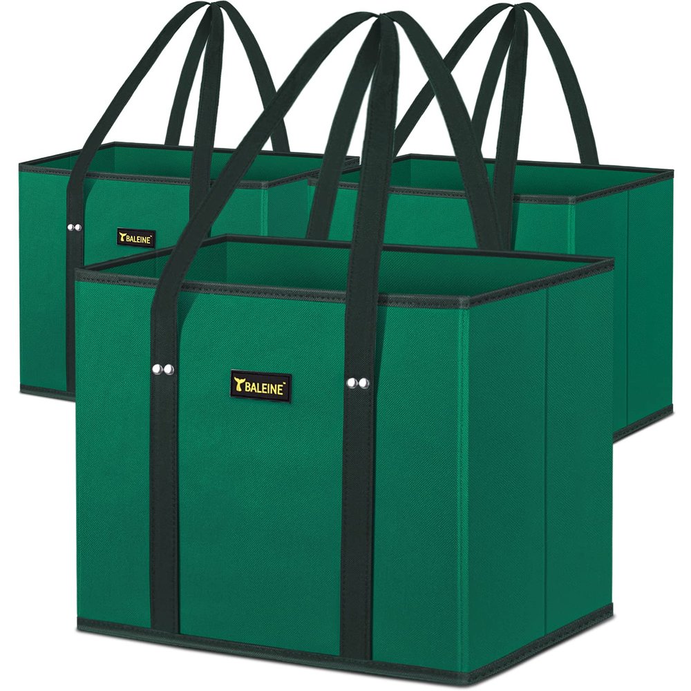 BALEINE 3Pk Reusable Grocery Bags, Foldable Shopping Bags for Groceries with Reinforced Bottom & Handles (Green)
