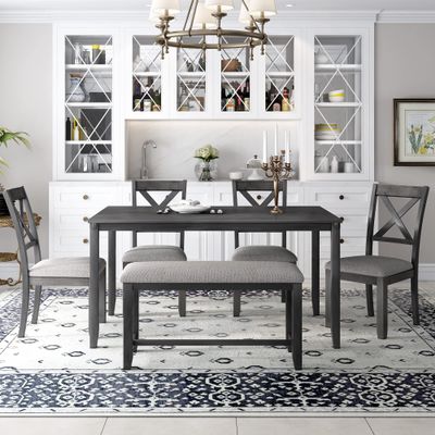 6 Piece Dining Table Set, Solid Wood Rectangular Dining Table, 4 Upholstered Chair and Bench, Rustic Family Furniture (Gray+S#)