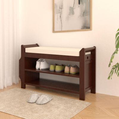 NURTUDIS Shoe Rack Bench Entryway, Bamboo Shoe Bench with Removable Cushion, 2-Tier Shoe Storage Organizer Shelf with Side Drawer & Storage Basket for Entryway Living Room, Bedroom, Bathroom(M)
