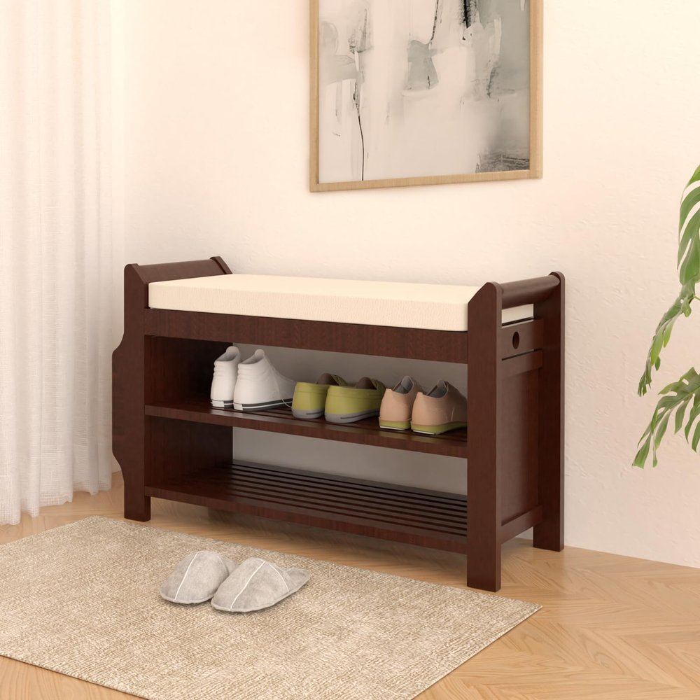 NURTUDIS Shoe Rack Bench Entryway, Bamboo Shoe Bench with Removable Cushion, 2-Tier Shoe Storage Organizer Shelf with Side Drawer & Storage Basket for Entryway Living Room, Bedroom, Bathroom(M)